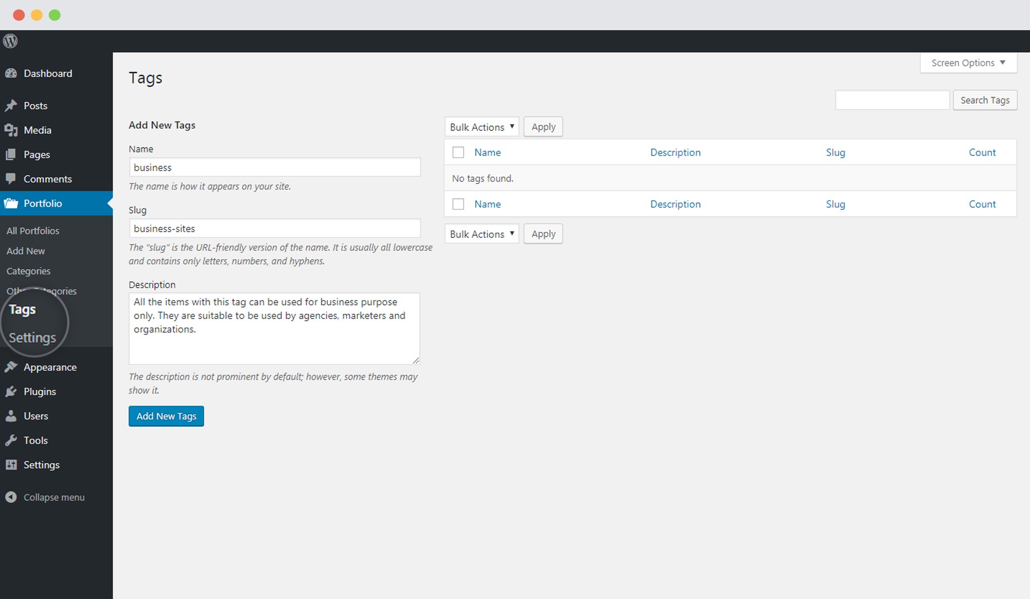 Add A New Tag In WP Portfolio
