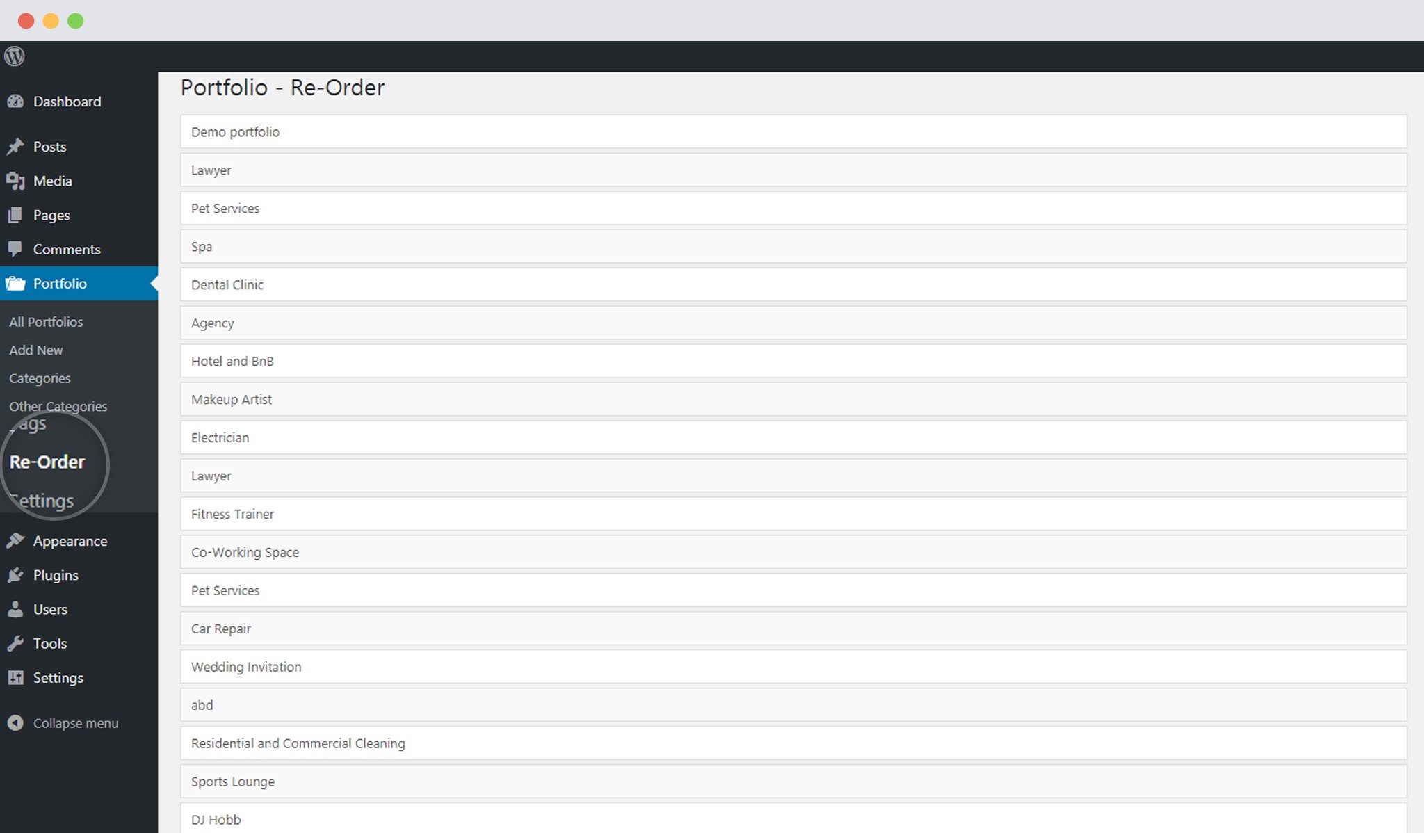 Reorder Option Under WP Portfolio